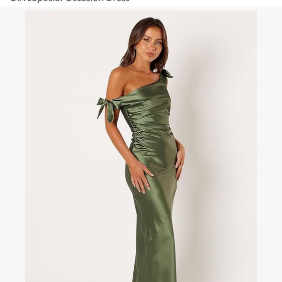 NWOT Petal & Pup Off Shoulder Satin Dress in Olive - Picture 2 of 5